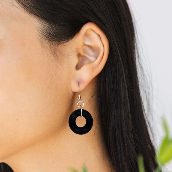 Recycled Antique Black Depression Glass Hoop Earrings - Picture 4 of 5